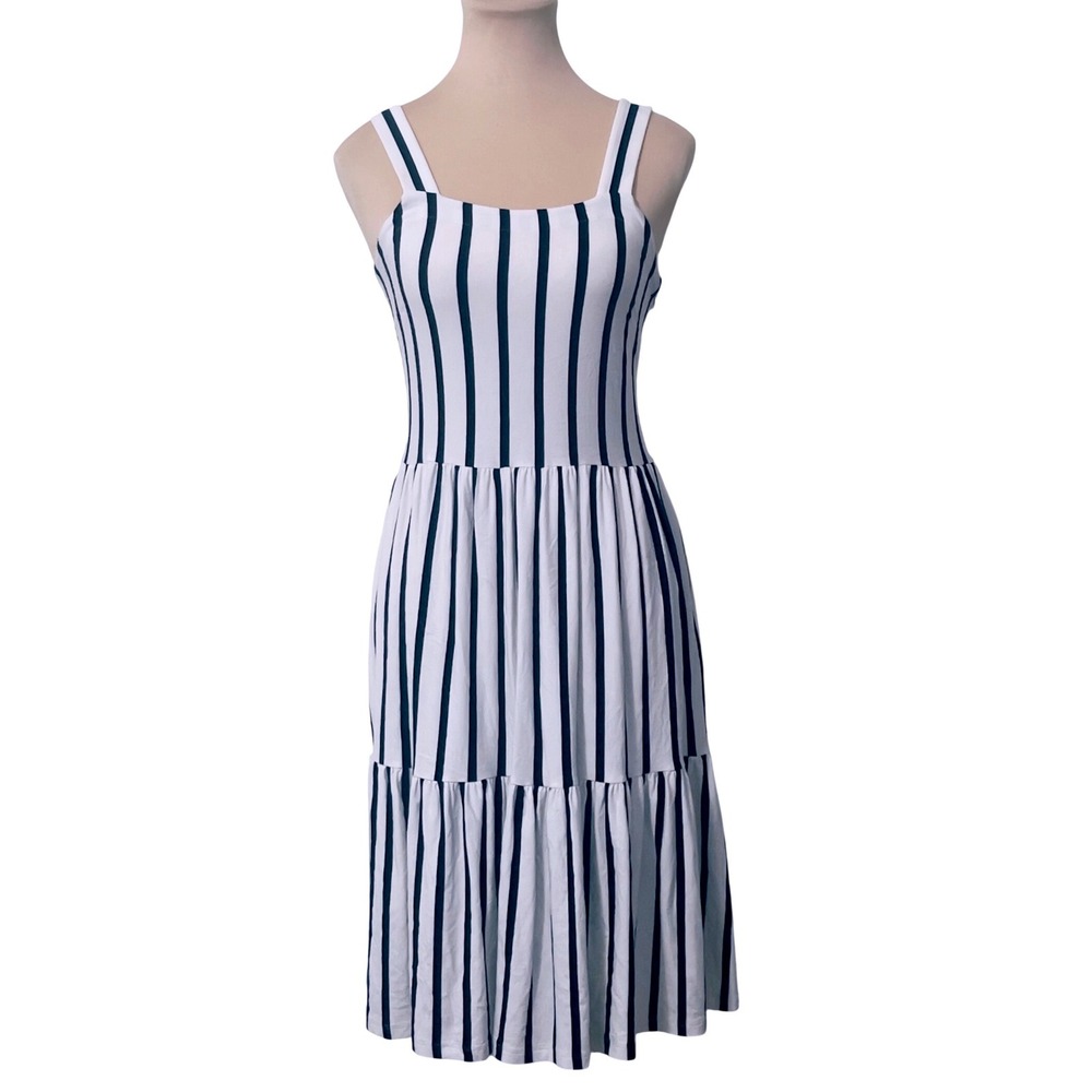 LOFT Striped‎ Sleeveless Tiered Midi Dress Size 0 White Blue Nautical Coastal